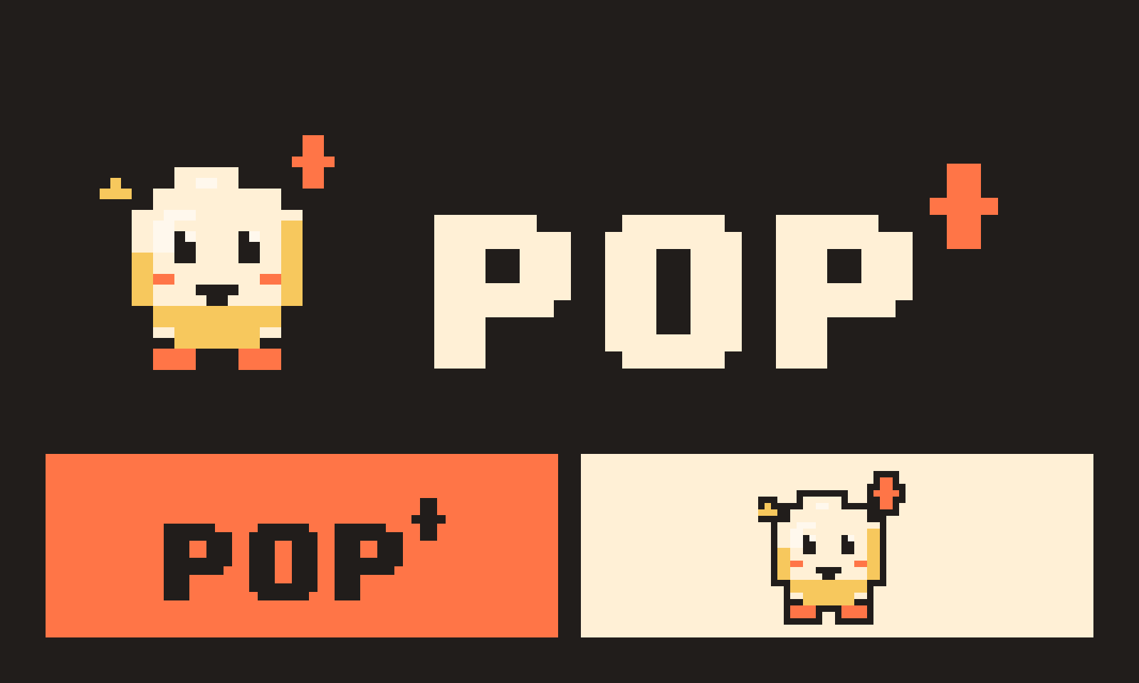 POP pixel wordmark and popcorn mascot